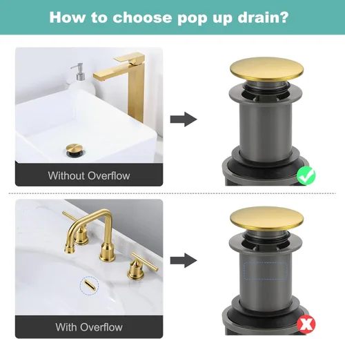 Miniatura 3 de Drenaje de fregadero de baño sin desbordamiento, tapón emergente ARCORA de oro cepillado para fregadero de recipiente con botón de clic