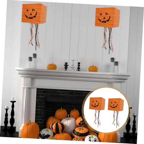 Miniatura 2 de ABOOFAN 2 linternas de calabaza de papel, luces LED, faroles de Halloween, decoraciones fáciles de colgar para ambiente de fiesta