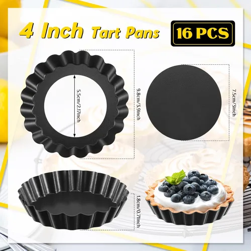 Miniatura 2 de Tessco 16 Piezas Mini Sartenes para Tartas con Fondo Extraíble Antiadherente Quiche Mini Sartenes para Pasteles Molde para Tartas con Lado Estriado