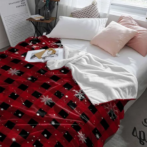 Miniatura 3 de Manta de Navidad para sofá, manta de lana cuadriculada roja, suave, acogedora y cálida, manta de franela con copos de nieve para cama, sofá, silla