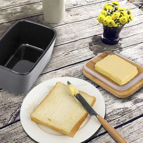 Miniatura 2 de Mantequillera con tapa, recipiente de porcelana con tapa de madera para mantequilla, apto para microondas, contenedor de almacenamiento