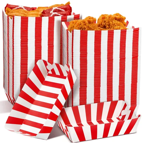 Miniatura 7 de Yaomiao 100 bandejas de papel a rayas, botes de papel para comida, nachos y perritos calientes, platos desechables para carnaval, ferias, Negro