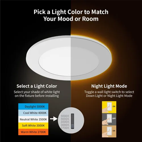 Miniatura 2 de Meconard Paquete de 6 luces LED empotrables de 4" de 5 CCT con luz nocturna, 2700K/3000K/3500K/4000K/5000K seleccionables, luces LED empotrables