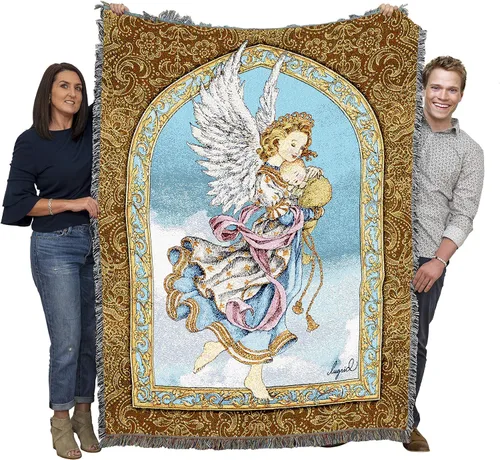 Miniatura 21 de Pure Country Weavers Angelic Trio - Manta con diseño de tres ángeles tocando música, manta cuadrada para regalo, tejida de algodón, fabricada