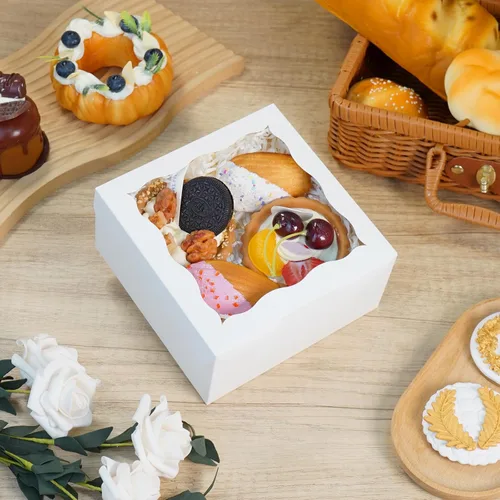 Miniatura 4 de XINHPKGG Paquete de 20 Cajas para Galletas de 6x6x3 Pulgadas Cajas de Panadería con Ventana Caja de Dulces Caja de Postres para Macarrones Mini