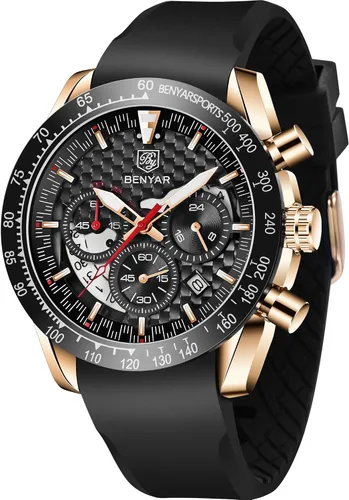 BENYAR Fashion Men's Quartz Chronograph Waterproof Silicone Watches Business Casual Sport Design Wrist Watch for Men Perfect for Father Son Black