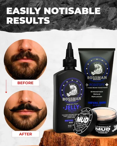 Miniatura 5 de Bossman Kit completo de gelatina de aceite para barba para hombre, acondicionador de ducha fortificante, bálsamo, cera de bigote y peine, suavizante