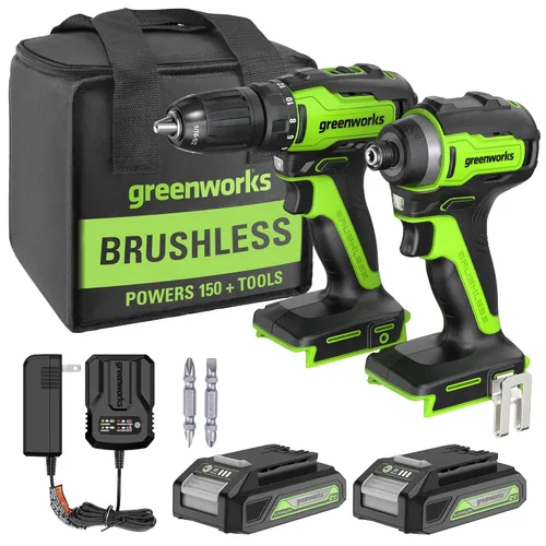 Greenworks Kit combinado de taladro inalámbrico sin escobillas y destornillador de impacto de 24 V Max, juego de taladro eléctrico, alto par,