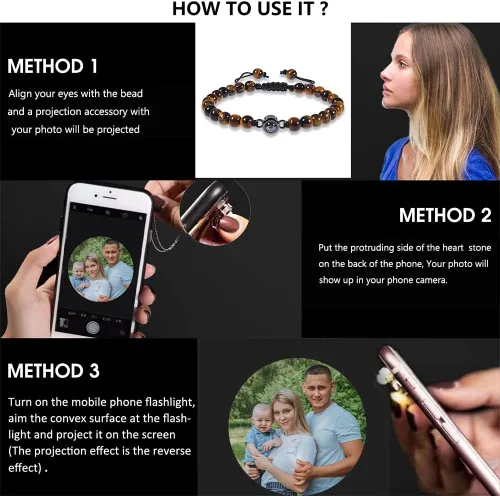 Miniatura 5 de Pulsera personalizada con imagen en el interior, pulsera de proyección de fotos, pulsera de cuentas de piedra de lava de piedra, regalos