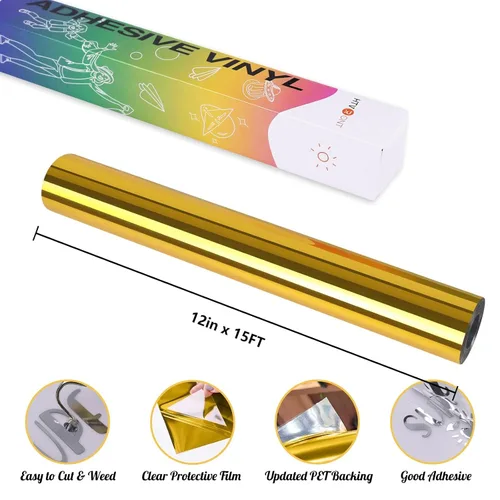 Miniatura 2 de HTVRONT Vinilo cromado dorado, vinilo adhesivo permanente dorado de 12 pulgadas x 15 pies, para todas las máquinas de corte, espejo dorado metálico