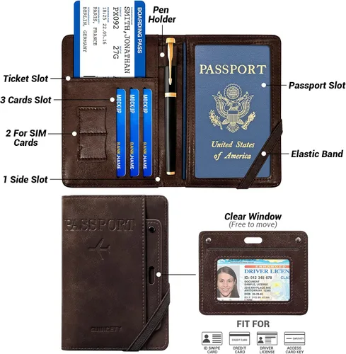 Miniatura 3 de YINHEXI Funda para pasaporte y funda para tarjeta de vacunación, funda para pasaporte con bloqueo RFID de cuero para mujeres y hombres, organizador