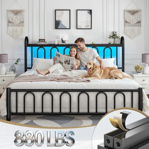 Miniatura 7 de Homkdom Base de cama tamaño King con cabecera de almacenamiento, marco de cama de metal clásico con luces LED y almacenamiento debajo de la cama