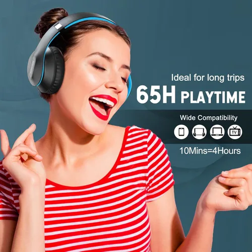 Miniatura 5 de Auriculares Bluetooth inalámbricos con micrófono, cubren las orejas, 65H de tiempo de reproducción, auriculares estéreo HiFi con modos 6EQ, Azul