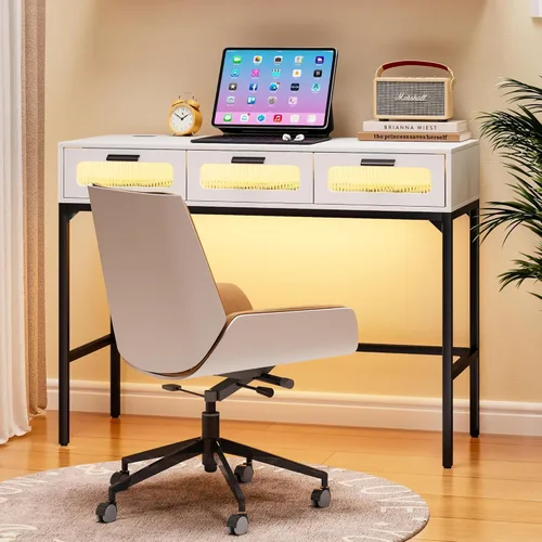 Miniatura 17 de Escritorio de tocador 3 en 1 con espejo abatible y luces, mesa de tocador de maquillaje con parte superior de vidrio con estación de carga, tocador