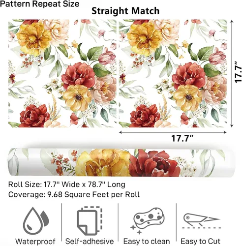 Miniatura 9 de VaryPaper Papel tapiz floral vintage para despegar y pegar, 17.7 x 78.7 pulgadas, papel tapiz de peonía de acuarela, papel de contacto floral, papel
