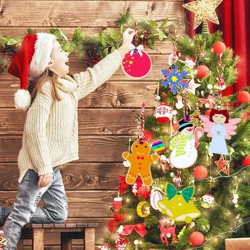 Miniatura 4 de OurWarm 48 adornos de Navidad de madera, 6 estilos de adornos de rebanadas de madera sin terminar, juego de adornos de Navidad con campanas