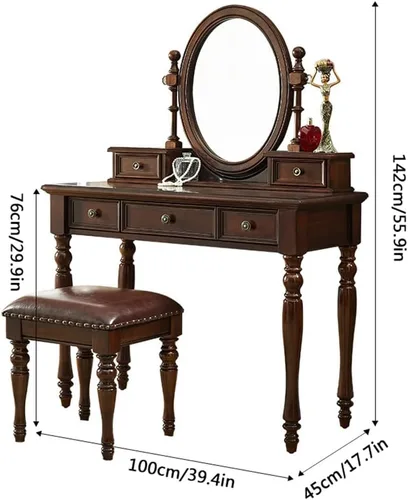 Miniatura 3 de Vintage Vanity Desk with Adjustable Angle Mirror, 39.4 in Wooden Makeup Dressing Table Set for Bedroom with 5 Drawers, Cushioned Stool