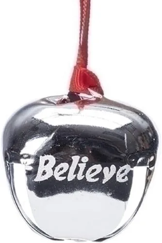 Adorno de campana de Polar Express con palabra en inglés "Believe", de Roman Inc., color plateado, 1.5 pulgadas de tamaño
