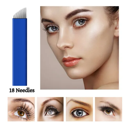 Miniatura 3 de Xiaoyu 50 agujas de microblading, agujas de tatuaje, plumas de microblading agujas de tatuaje de cejas, azul, 18 pines