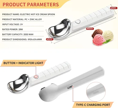 Miniatura 2 de Cuchara de helado calentada USB recargable eléctrica Cuchara de helado de 2000 mAh batería calienta a 158 °F para helado duro Ip67 impermeable