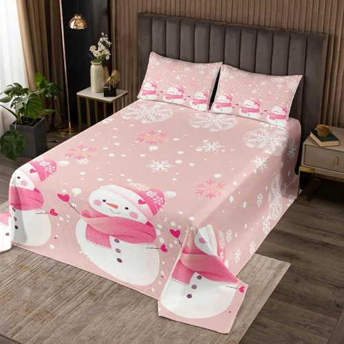 Miniatura 4 de Manfei Colcha de muñeco de nieve de Navidad, tamaño King, colcha acolchada con 2 fundas de almohada, juego de colcha rosa de Navidad de 3 piezas