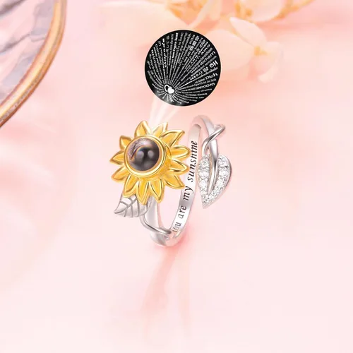 Miniatura 6 de DAOCHONG Anillo de girasol de plata de ley con la frase "You are my sunshine", anillo de piedra con texto en inglés "I Love You", anillo giratorio