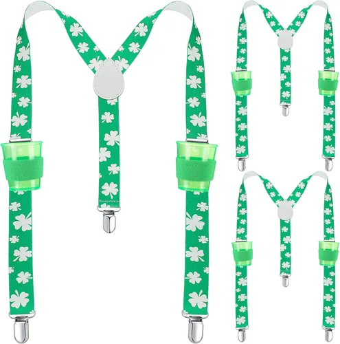 Geyoga 3 juegos de tirantes verdes para el día de San Patricio tirantes elásticos ajustables para hombre con clips trébol con copas y alfileres