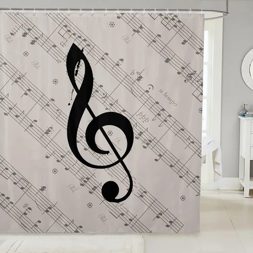 Cortina de baño con estampado de notas musicales para baño, cortina de ducha temática de música, instrumentos retro, juego de cortina de ducha de