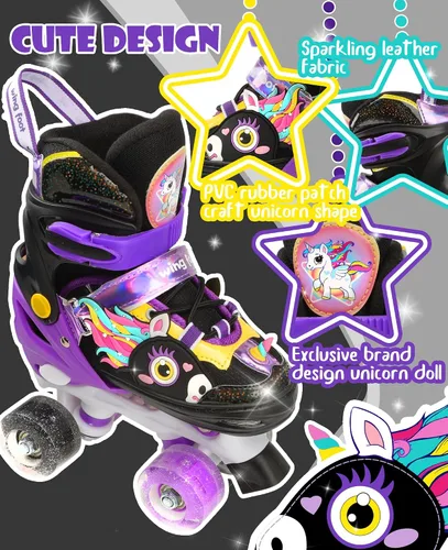 Miniatura 3 de Dino - Patines de ruedas para niños y niñas, WESKIFAN Dinosaur Quad Skating Shoes con ruedas brillantes y tamaños ajustables para principiantes