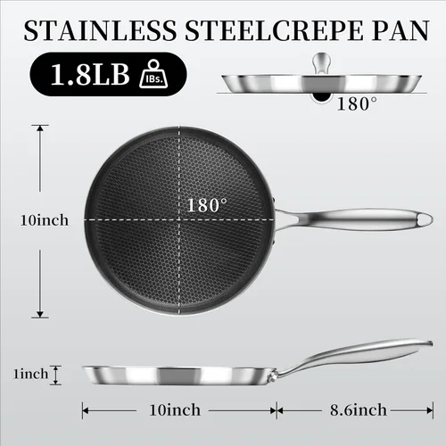 Miniatura 2 de Innerwell Sartén antiadherente para crepas de acero inoxidable de 10 pulgadas, con revestimiento de panal de abeja, sartén plana para tortillas Tawa