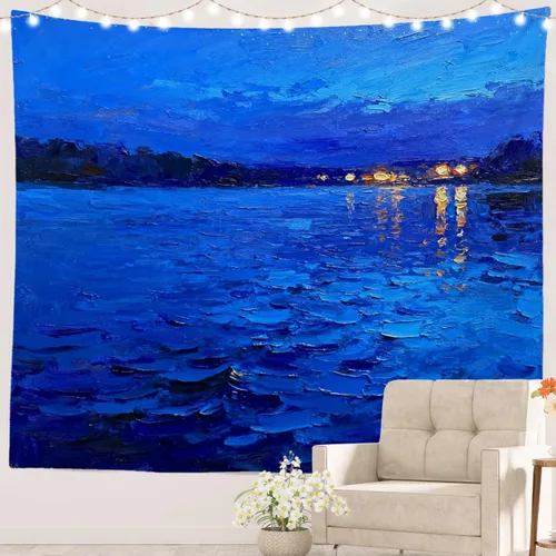 Miniatura 119 de Batmerry Tapiz azul y blanco, tapiz abstracto de pintura azul, negro, gris y blanco, para sala de estar, dormitorio, pared, decorativo, 51.2 x 59.1