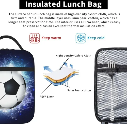 Miniatura 5 de Lonchera Deportiva con Estampado de Fútbol, Bolsa de Almuerzo Aislada Azul para Niños, Adolescentes, Niños y Niñas, Bolsa de Almuerzo Reutilizable