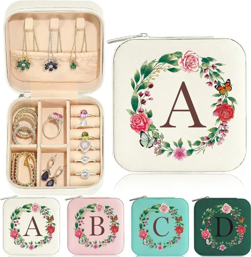Parima Regalos para el día de San Valentín para ella, organizador pequeño de joyería con inicial, joyero de viaje blanco para mujeres y niñas,