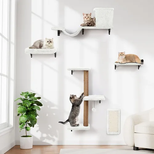 Miniatura 9 de Estantes de pared 5 en 1 para gatos de interior, muebles de gato montados en la pared con cama, cueva, poste rascador y perca, pared de escalada
