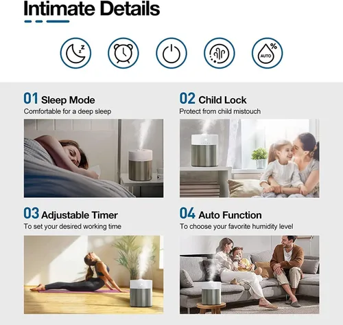Miniatura 6 de Humidificador de acero inoxidable, humidificador fácil de limpiar de 4.5 litros con tanque de acero inoxidable 304, humidificadores de niebla fría