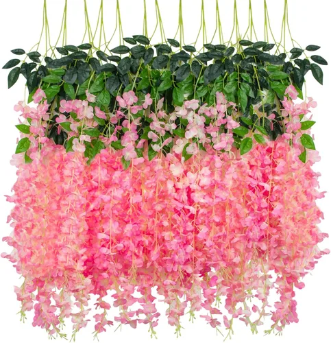 Miniatura 9 de Paquete de 12 flores colgantes de glicina artificial, guirnalda de flores de glicina falsas, enredaderas de seda, decoración de ratán para el hogar