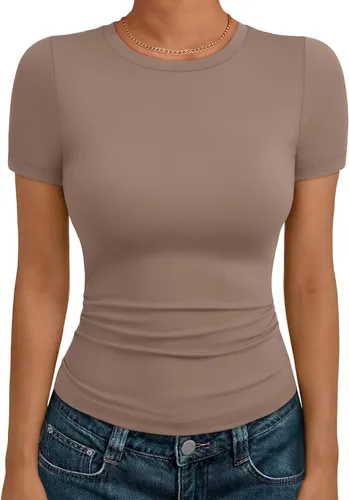 Miniatura 7 de AUTOMET - Camisetas básicas de manga corta para mujer, para verano, entrenamiento o gimnasio, con cuello redondo, ropa moderna estilo Y2K