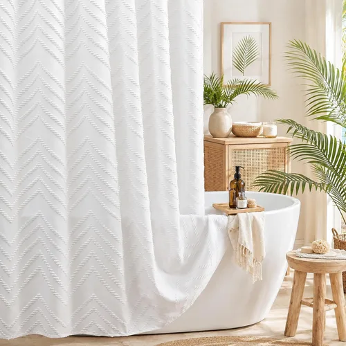 Miniatura 24 de Cortina de ducha bohemia beige de 72 x 72 pulgadas, moderna cortina de ducha estilo granja, bohemio, elegante, con textura de cheurón, cortinas