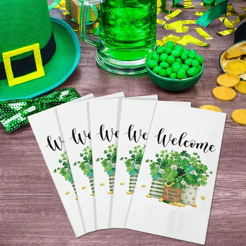 Miniatura 5 de Outus 100 servilletas del día de San Patricio, tréboles de bienvenida, toallas de papel para invitados, toallas de mano verdes, tréboles