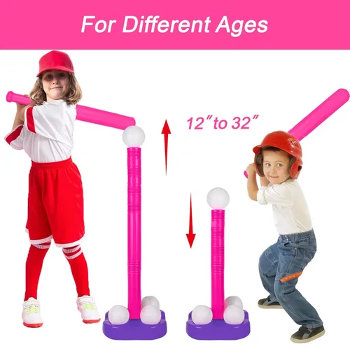 Miniatura 3 de Liberry Tball Set para niños pequeños con soporte de pelota de altura ajustable, base pesada y bate de béisbol para niños, juguetes deportivos, Rosa