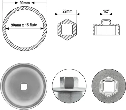 Miniatura 2 de Jetech Llave de tapa de filtro de aceite de 3.543 in x 15 flautas, herramienta de extracción de enchufe tipo cartucho con 15 flautas y 3.543 in