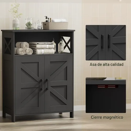 Miniatura 5 de Homhedy Armario de almacenamiento de baño con 2 puertas, gabinete de papel higiénico con estante ajustable, gabinete de baño pequeño para Negro