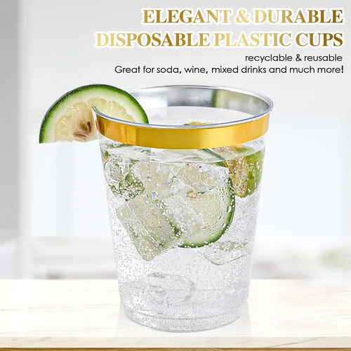Miniatura 4 de FOCUSLINE Vasos de plástico dorado de 10 onzas, vasos desechables de plástico duro transparente, borde dorado, resistentes, reutilizables, 100