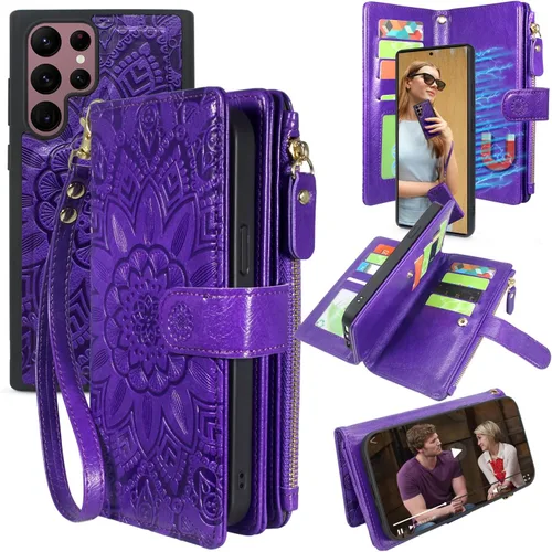 Miniatura 9 de Harryshell Funda de cuero desmontable con cremallera magnética con bolsillo para monedas, 12 ranuras para tarjetas, correa de muñeca para Samsung