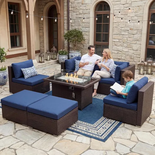 Miniatura 52 de BULEXYARD Juego de muebles de patio de respaldo alto de 7 piezas con mesa de fogata de combustible dual propano/gas natural, sofá seccional