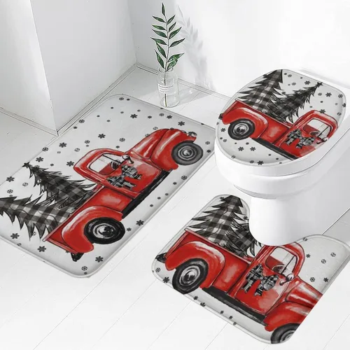 Miniatura 7 de Tapete de baño de 3 piezas de otoño con diseño de calabaza, color azul y verde, hojas de arce, cosecha, decoración de Acción de Gracias, juego