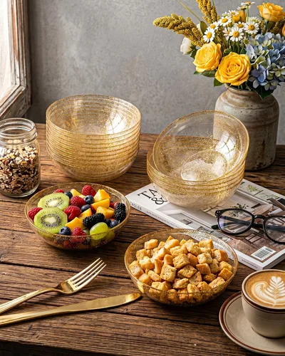 Miniatura 5 de bUCLA Paquete de 50 cuencos de plástico con purpurina dorada, cuencos desechables de 10 onzas para salsa/postre de cristal para bodas y fiestas