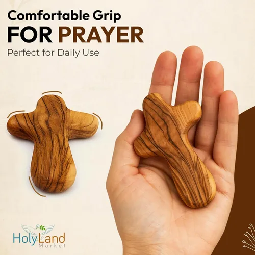 Miniatura 2 de Holy Land Market cruz de mano de madera de olivo con bolsa de regalo de terciopelo, de Belén, Madera, 4 pulgadas