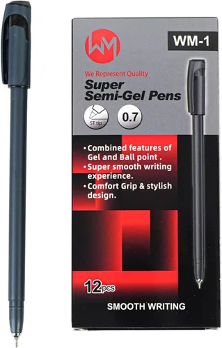 WM Super Semi-Gel Bolígrafos 0.7, bolígrafo de gel de escritura suave + tinta de secado rápido del bolígrafo, negro, paquete de 12
