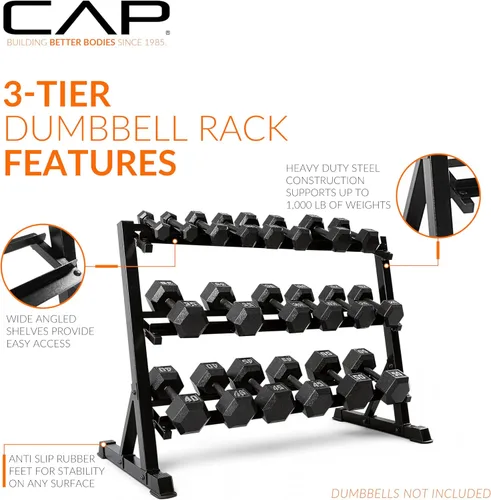 Miniatura 3 de CAP 2-Tier & 3-Tier Dumbbell Rack for Home Gym, Heavy-Duty Steel Weight Storage Rack for Hex Dumbbells, Holds 5-35lb 5-50lb 5-75lb Dumbbell Pairs